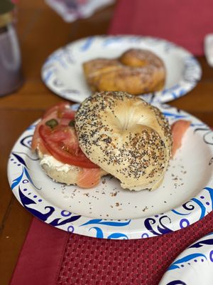 Everything bagel with a cucumber/dill cream cheese. Plus lox