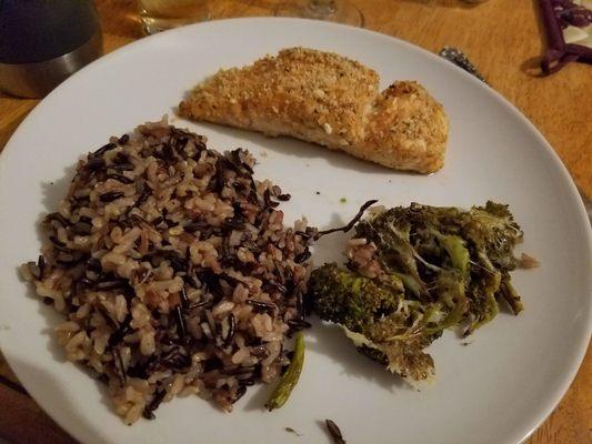 The parmesan encrusted salmon (on sale, two pieces for $5), paired with mozzarella roasted broccoli and Cajun wild rice.