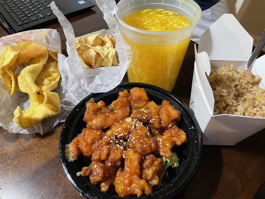 Crab Rangoon, Sesame Chicken, Egg Drop Soup, Fried Rice