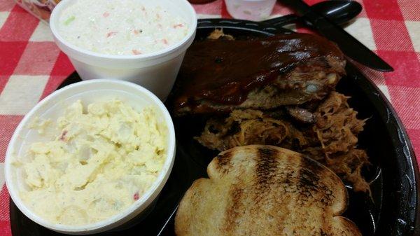 Johnny's Mixed Combo - Ribs and Pulled Pork with Potato Salad and Slaw