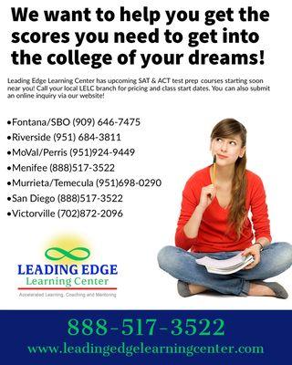 We have upcoming SAT & ACT test prep courses starting soon! Call your local LELC branch for pricing and class start dates.