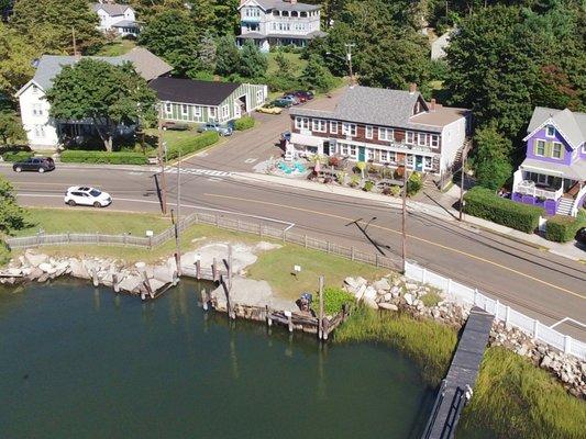 Aerial view of the store and water