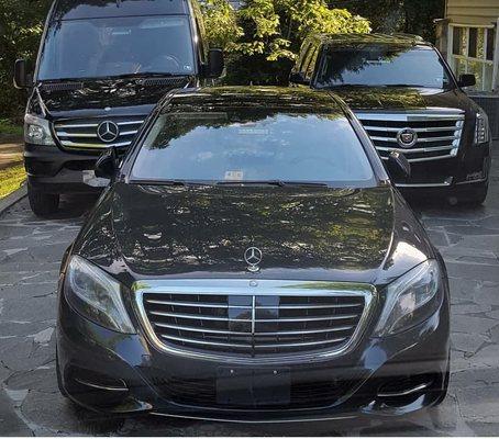 Our Fleet (R-L) Mercedes-Benz Sprinter Party Bus, Cadillac Escalade ESV,(Center) Maybach S550