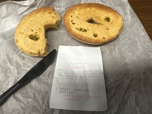 Jalapeño and Cheddar Bagel w/Peanut Butter but I guess I wasn't supposed to have Peanut Butter ‍‍‍