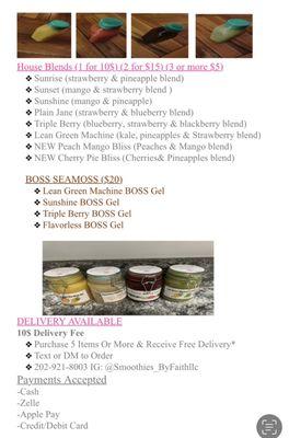 My menu is here 
I am a mobile & residential business, sometimes pick up isn't available. Please call to confirm further information.