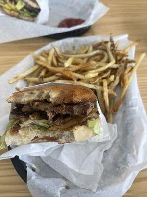 Ribeye on ciabatta bread and fries