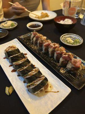 Soft shell crab roll and tuna tataki roll