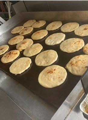 Pupusas: pork/revueltas, cheese/queso, bean/frijol, spinach/espinaca, jalapeño