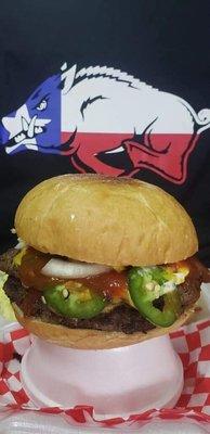 Texas Tornado double cheese burger with bbq sauce and jalapenos!