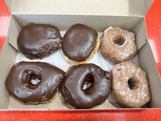 1/2 dozen donuts - 2 Boston cream, 2 plain glaze, 2 chocolate iced