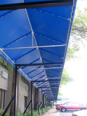 Gabled walkway canopy.