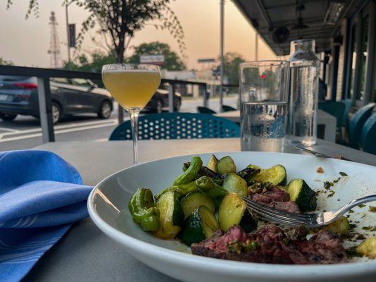 Grilled Beef Hanger Steak, On the Beaches cocktail.