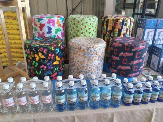 Water bottle covers for 5 gallon & 3 gallon bottles.... excellent!  Huge variety of prints to choose from!!!