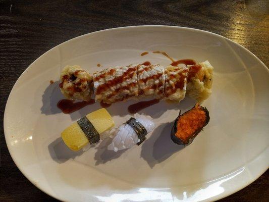 Top: Fried Philadelphia Roll Bottom Left to Right: Egg Sushi, Squid Sushi, Masago Sushi