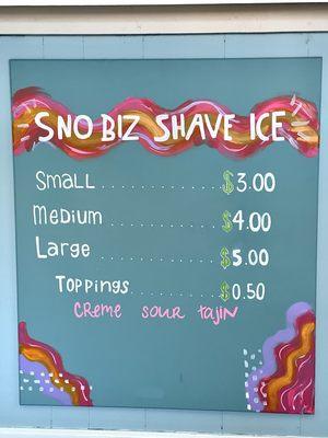 Shave ice sizes, prices, and toppings