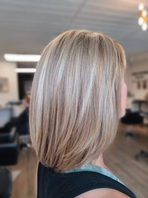 Root color touch-up, highlight & lowlight, haircut + blow-dry style.