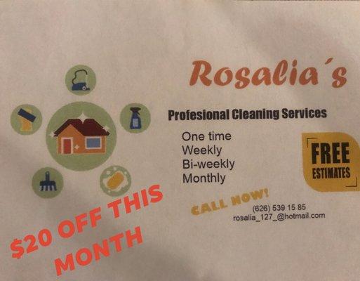 Promotion!!!! $20 off in the first cleaning service. 
OCTOBER ONLY