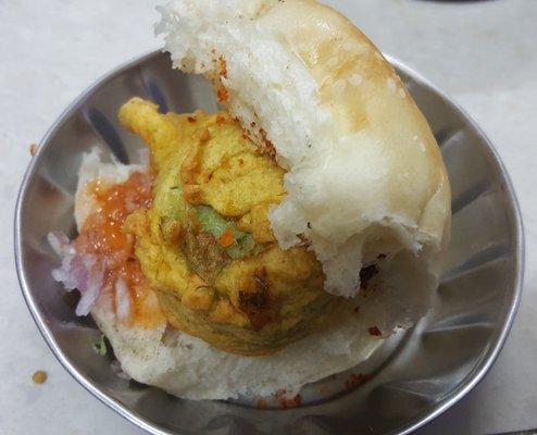 Wada-Pav - Potato Fritter with Dinner roll, Mint Chutney and Tamarind dates Chutney