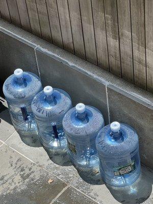 Empty bottles gathering and waiting to be picked up in front of our home.