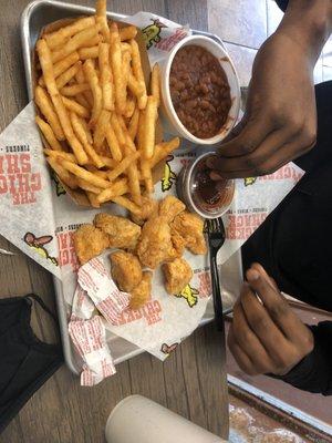 8 piece boneless wings, Sm Fries, Sm BBQ Baked Beans, BBQ Fry Sauce