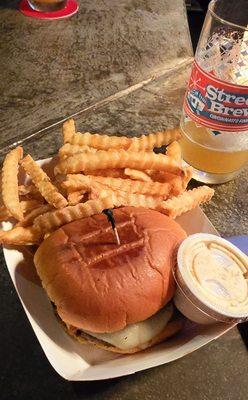 Mushroom burger and fries with Cajun ranch on the side