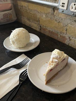 snowball, raspberry donut cheesecake