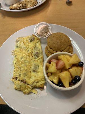 Western Omelet, homemade sweet potato biscuit, with honey butter and brown sugar spread.