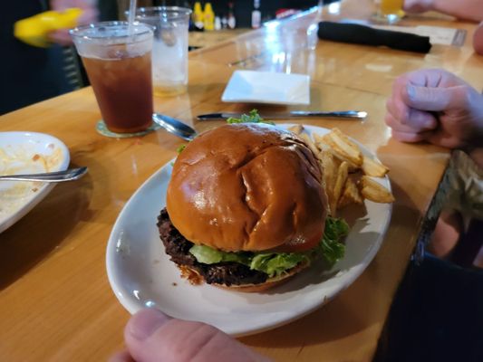 Bison burger and dipper fries.