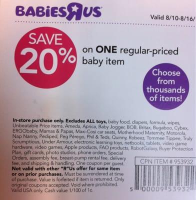 Excludes ALL toys, baby food, formula, diapers, wipes...