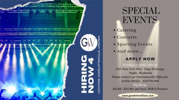 Hiring Now for Special Events: Catering, Concerts, Sporting Events and more...  Apply Today!