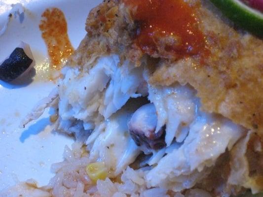 Interior of Envoltado de Marisos - White Fish stuffed with Shrimp, Octopus and Cheese.  Batteried and Deep Fried.