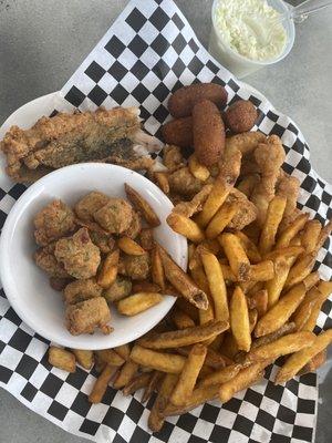 Fried Catfish Nuggets, French Fries, Fried Okra, and Cole Slaw. It was all great!!!