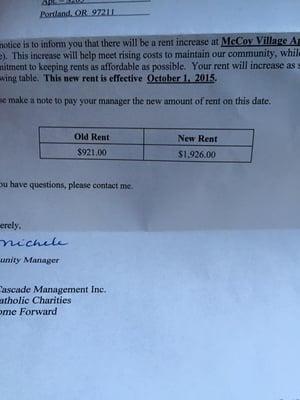 A friend just received a 100% rent increase notice from the McCoy Village Apartments.