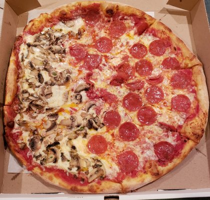 Large pie, half pepperoni, half mushroom.