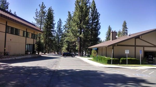 Looking toward the street. Bank on the right.