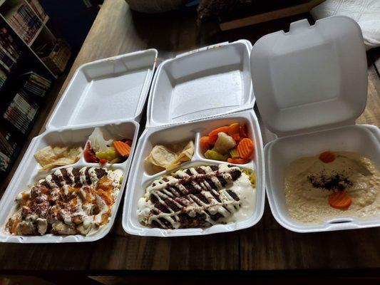 From left to right: Mixed Grill Plate  beef kofta kebab plate  hummus