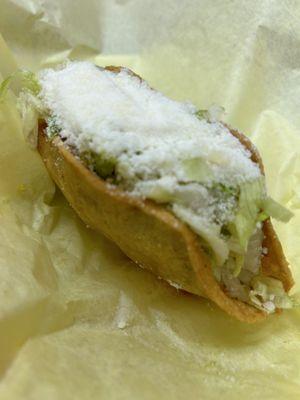 Potato taco! Fun and yum. Glad for the crunchy shell - a great complement to the soft gushy filling