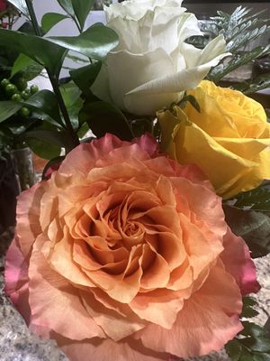 Three amazingly fragrant roses. The orange one has become so large and beautiful! I'm in awe.