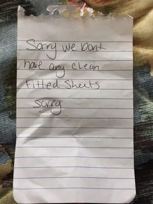 My "apology" note for not having a fitted sheet.  Really?