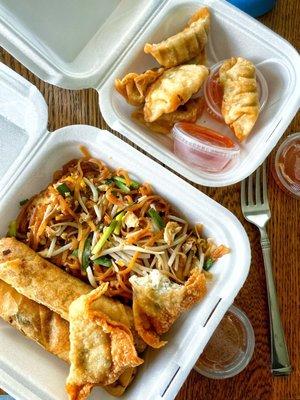 Combo #2 (chicken pad Thai with 2 egg rolls & 2 crab rangoons) $9 + Dumplings (6/$5)