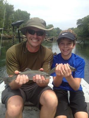 We happen to get a double with both of us having fish on the line at once.  Not the biggest in the river by a long shot.