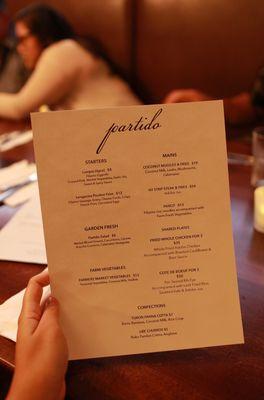 Dinner menu