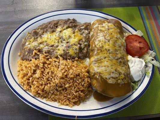 Carne Asada Burrito plater with rice and beans.