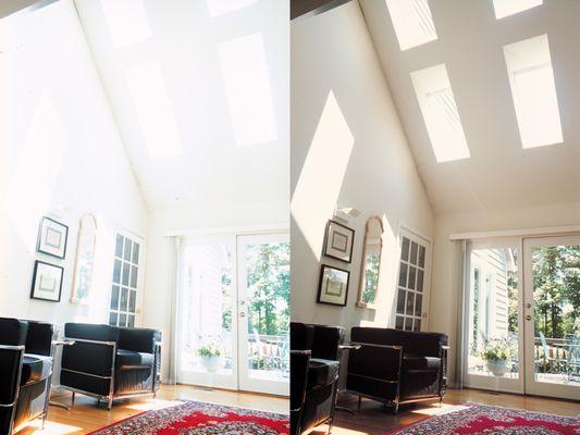 Before and after pictures of window film applied to reduce heat and glare