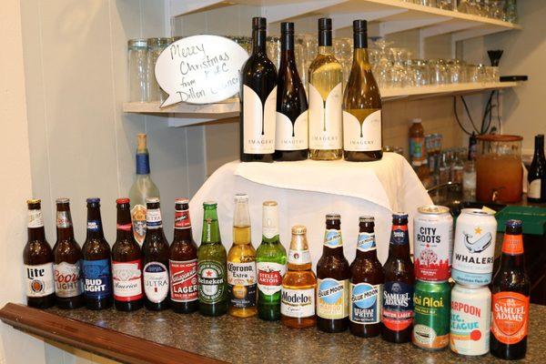 Large selection of beers and wine for a hall setting.