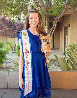 Sophia, Miss Arizona Junior Teen 2014, with Dylan a 3-lb long hair Chihuahua