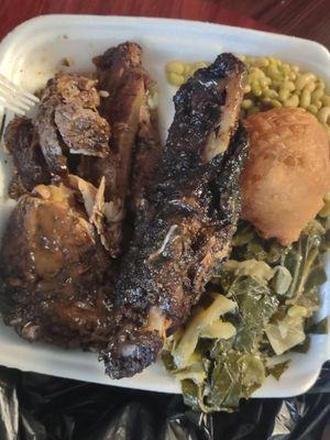 Jurk turkey wing, oz tails and ribs. Conch peas, mixed cabbage and collard greens, hush puppy.