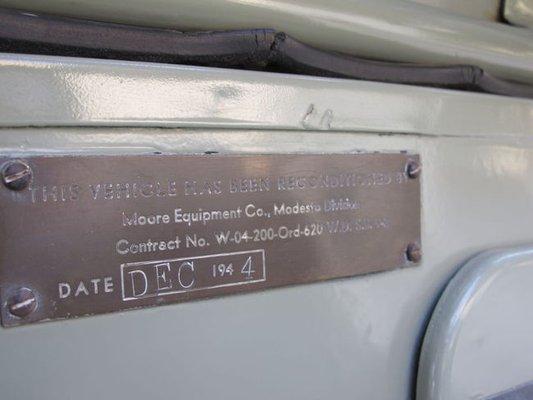 1944 Refurbished Jeep Tag by J.M. Equipment for WWII