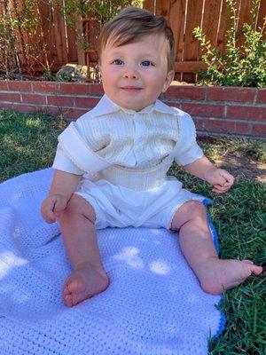 Bought this adorable ivory romper at Blanquis Bridal for my son's baptism.