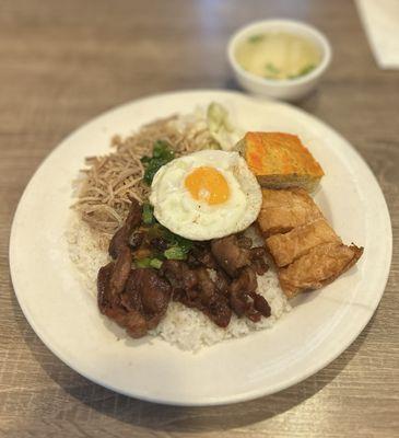 Com Tam Bi, Cha, Thit Nuong, Tau Hu Ky & Trung Chien: Broken Rice w/Julienne Pork, Pork Cake, BBQ Pork, Shrimp in Tofu Paper & Fried Egg